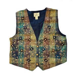 Vintage Embroidered Vest TanTrums Size L Blue Green Artsy 2000s 90s